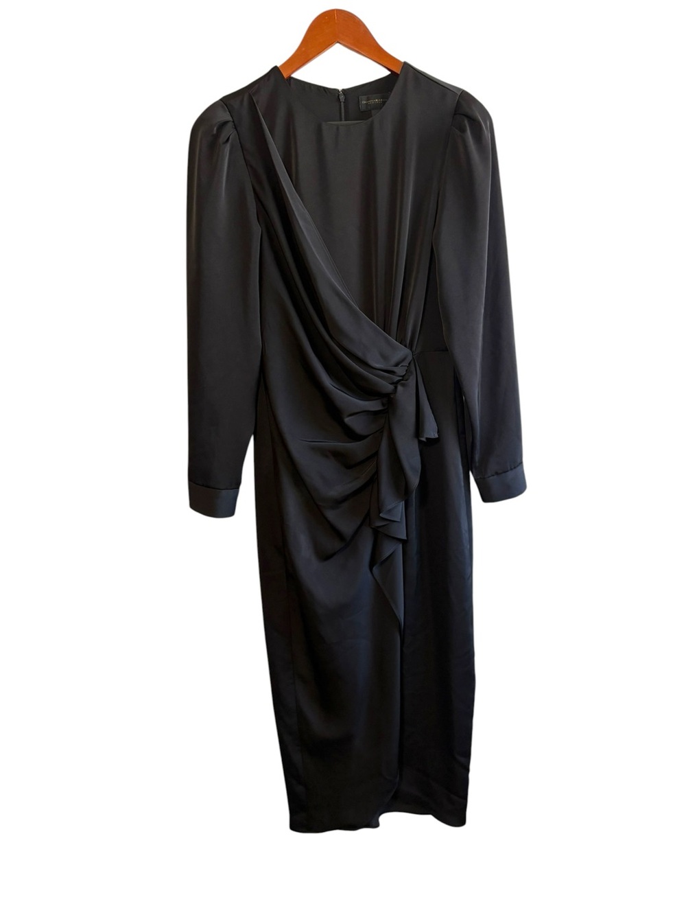Donna Karan Size 4 Black Satin Gathered Waist Midi Dress Formal Minimalist